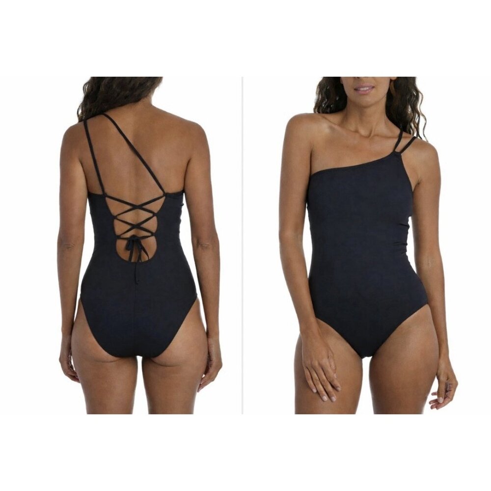 LA BLANCA Island Goddess One shoulder One Piece Black Swimsuit 8 Strappy NEW